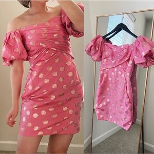 NWT🔖ML Monique Lhuillier Off Shoulder Pink Polka Dot Mini Dress Gold Metallic